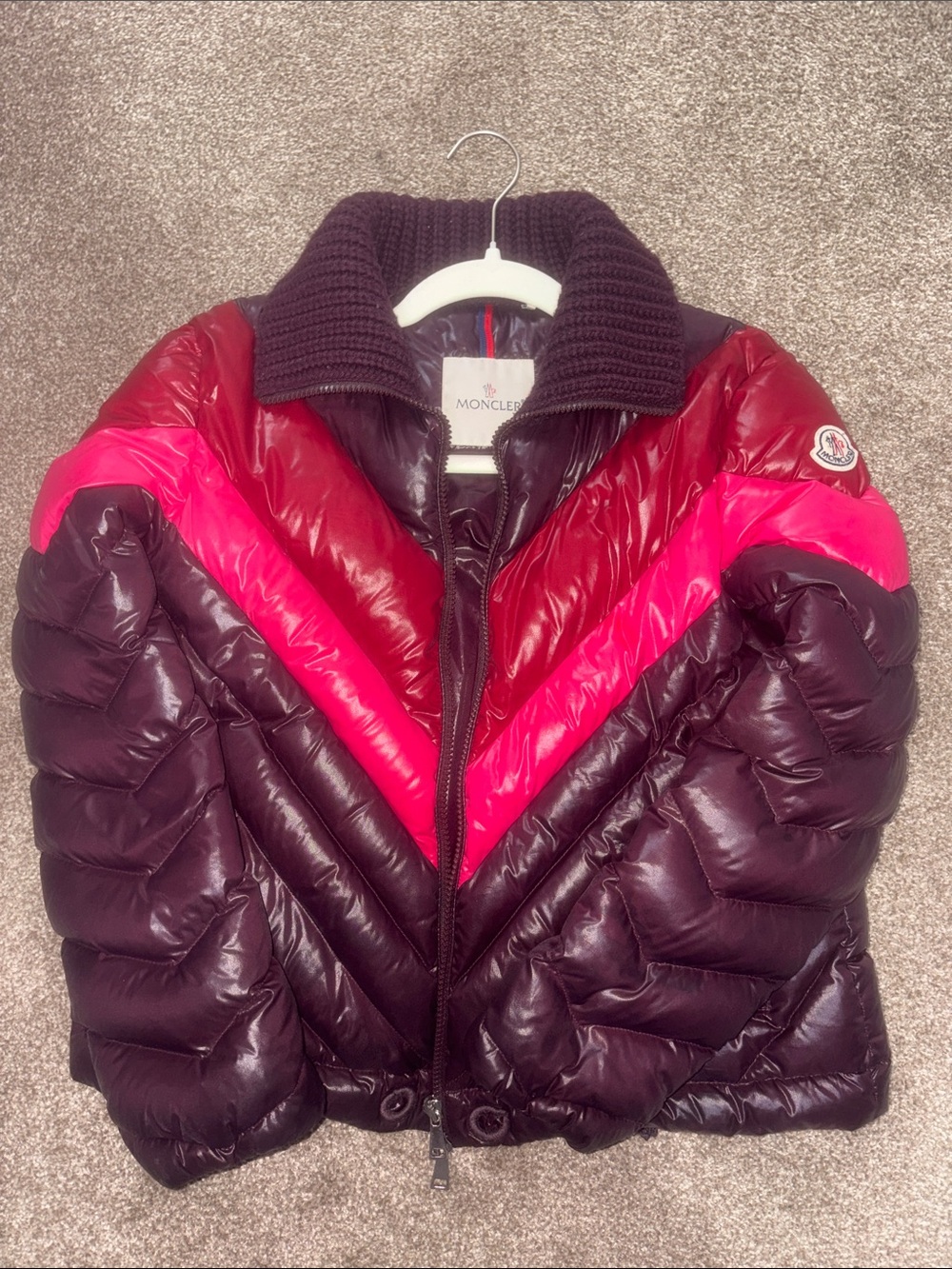 Moncler Women's Burgundy and Hot Pink Chevron Down Puffer Jacket